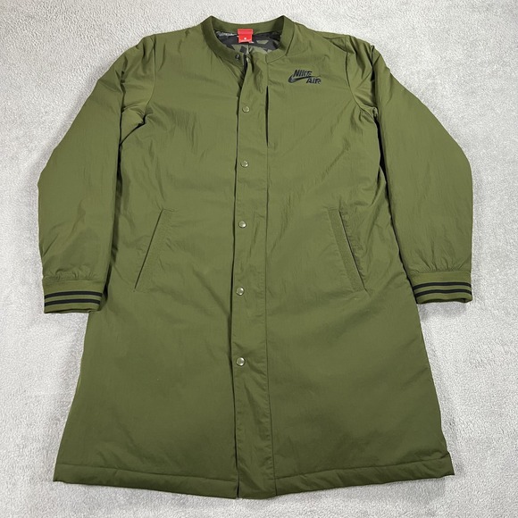 Nike Air Parka Jacket Mens Medium Green Coat Full Zip Snap Nylon Pockets Long - Picture 1 of 12